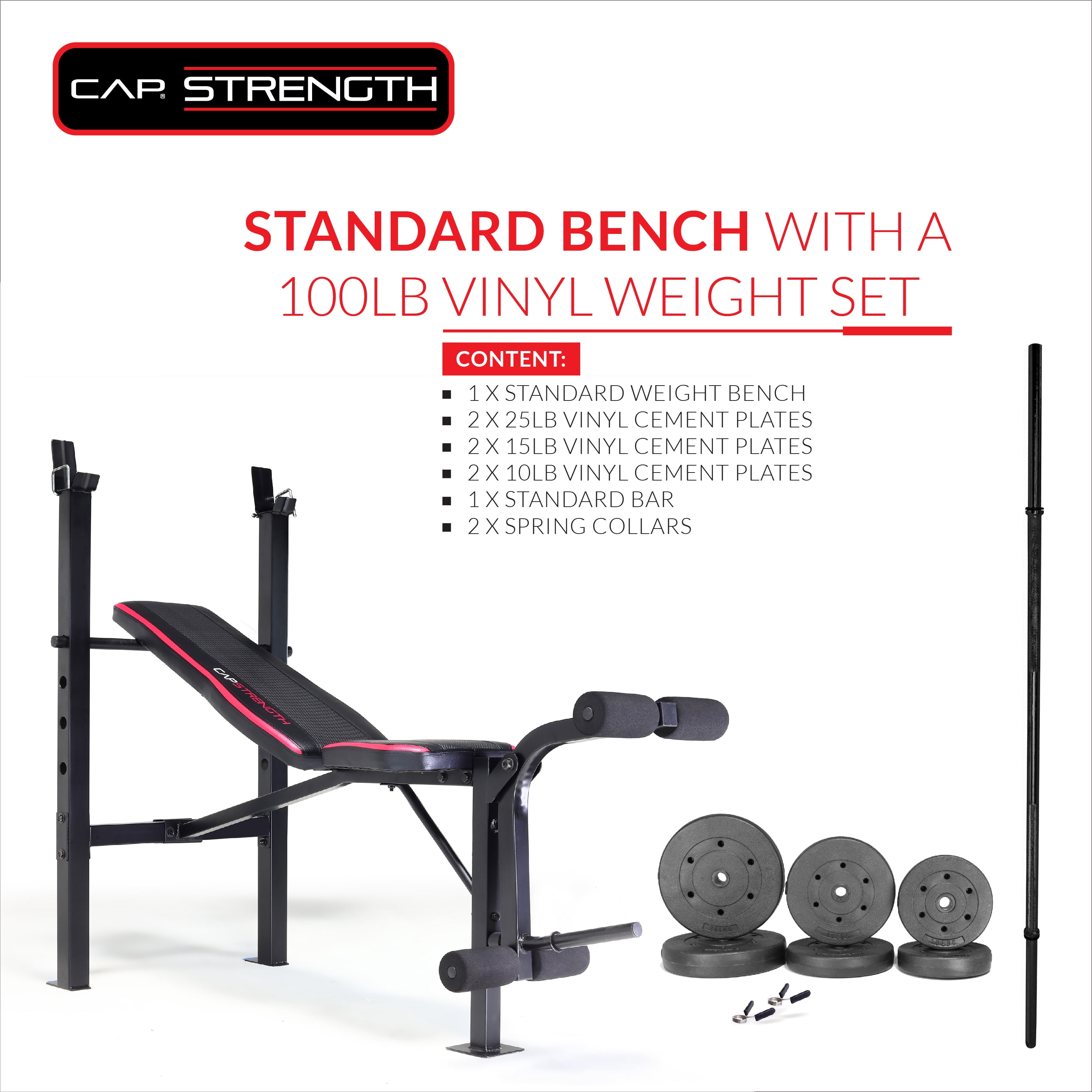CAP Strength Adjustable Standard Combo Weight Bench with Rack and Leg Extension and 100 lb. Vinyl Weight Set