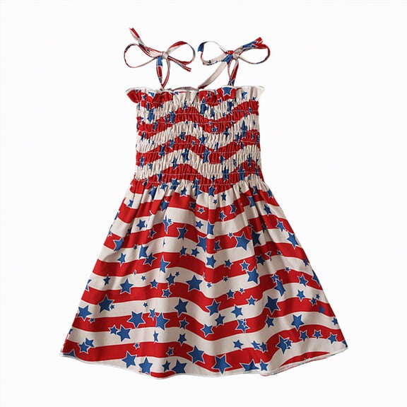 Ccpelsie Toddler Baby Girl 4th of July Clothes Straps Outfit Stars and Stripes Bow-Knot Dress Independence Day Slip Dress(Red,3-4 Years)