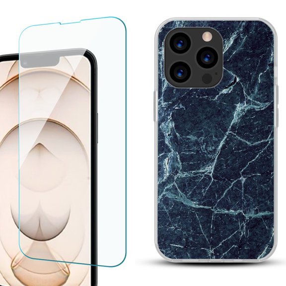 Slim-Fit Anti-Scratch Gel TPU Phone Case for iPhone 13 Pro, with Tempered Glass Screen Protector, by OneToughShield ® - Marble / Blue