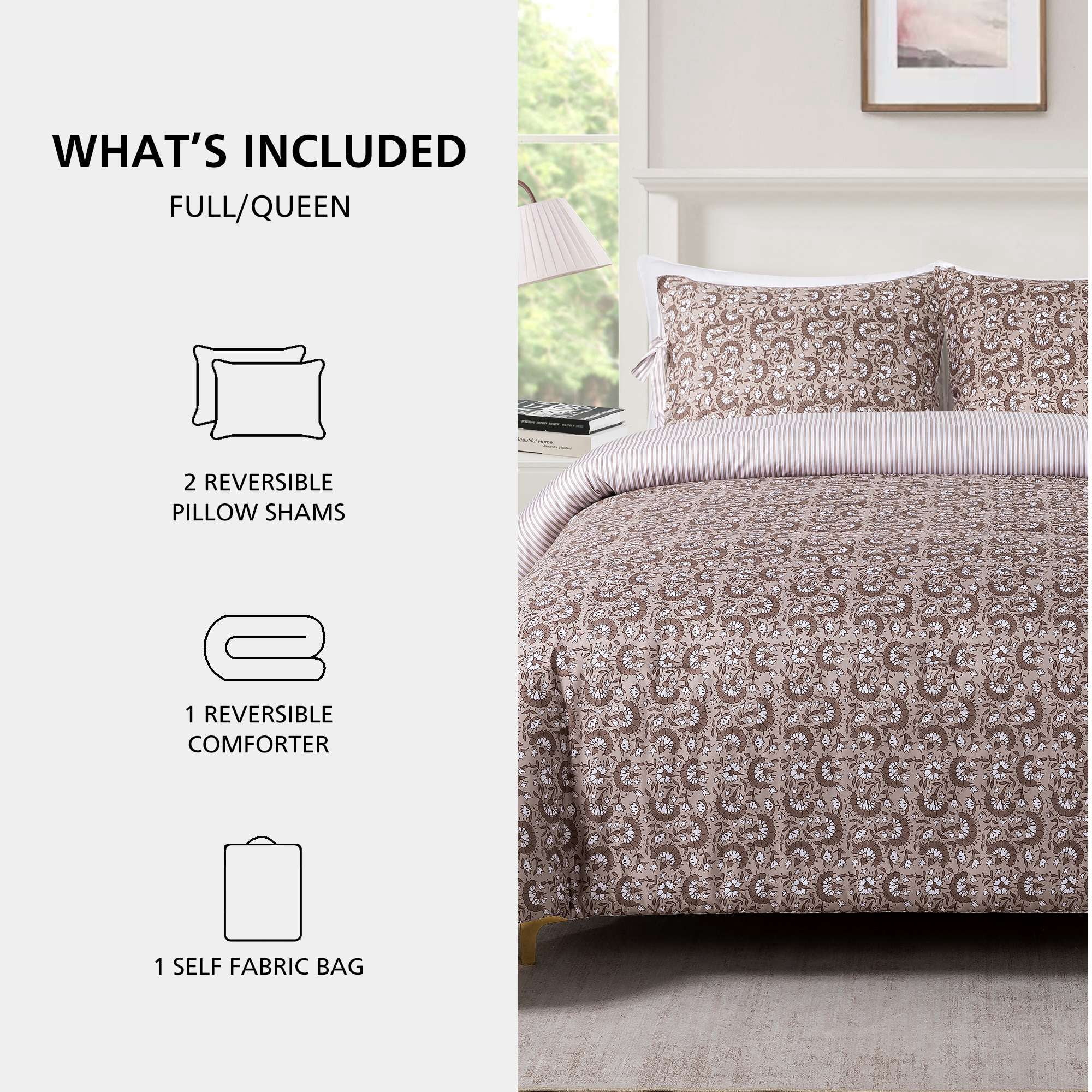 Mainstays Full/Queen Reversible Comforter Set, 3-Piece, All-Season, Tan Floral