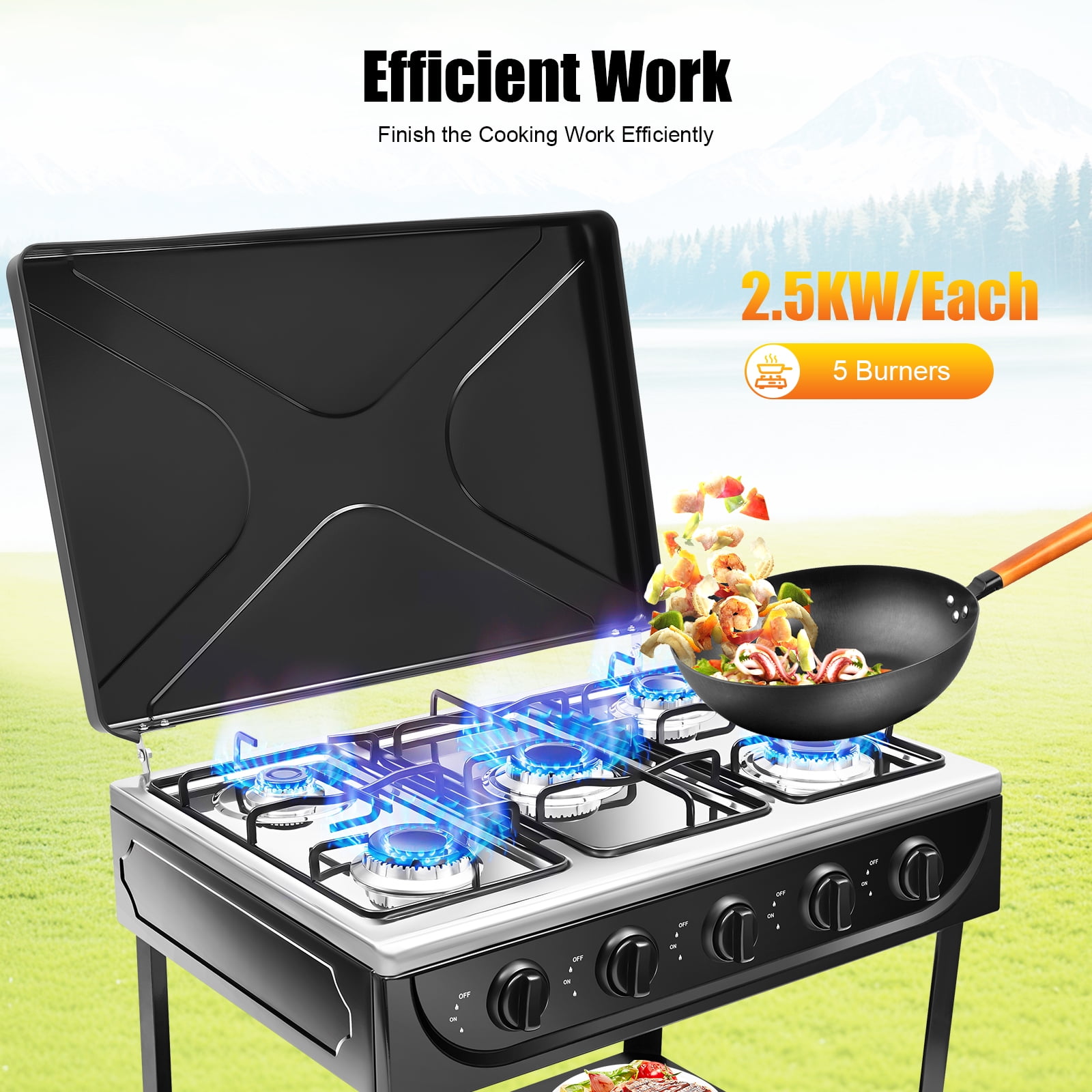 5-Burner Natural Gas Stove, High-Efficiency Cooktop with Independent Controls, Energy-Saving Design, Durable Stainless Steel, for Outdoor & Emergency Use