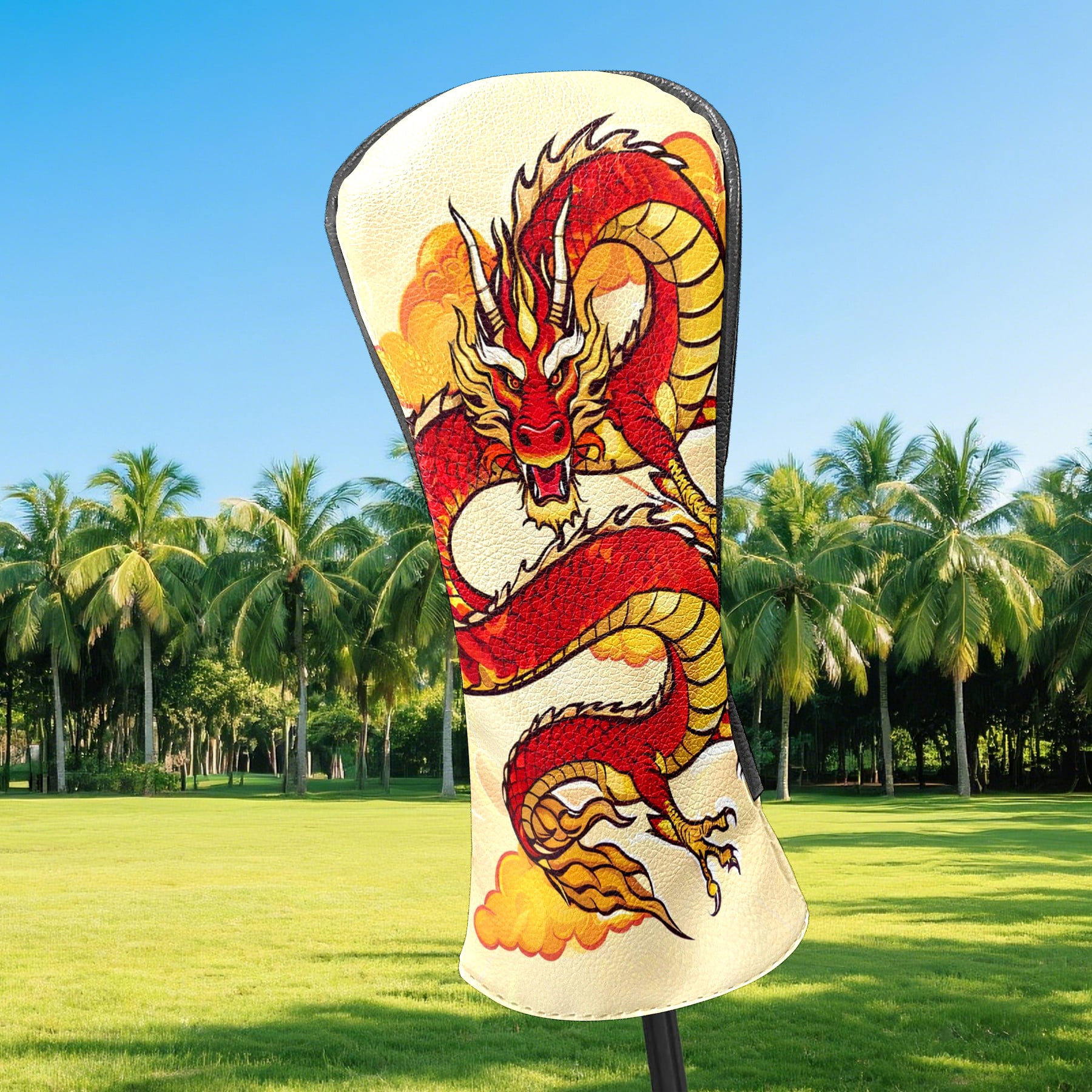 Golf Club Covers, Dragon Yellow Premium PU Leather Driver Hybrid Putter Head Covers with Velvet Lining, Waterproof Golf Gifts for Men Women