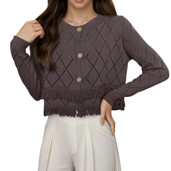 Elegant Crochet Fringe Knit Cardigan Long Sleeve Open Front Lacy Outerwear Double Layer Short Sweater Coat for Women Women Casual Dress Sweater Long Sleeve Hoodie Womens Long Hooded Sweatshirt