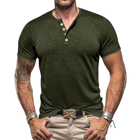 Domuza Mens Casual Short Sleeve Henley Shirts Fashion Button Gym Workout Athletic Tees Army Green L