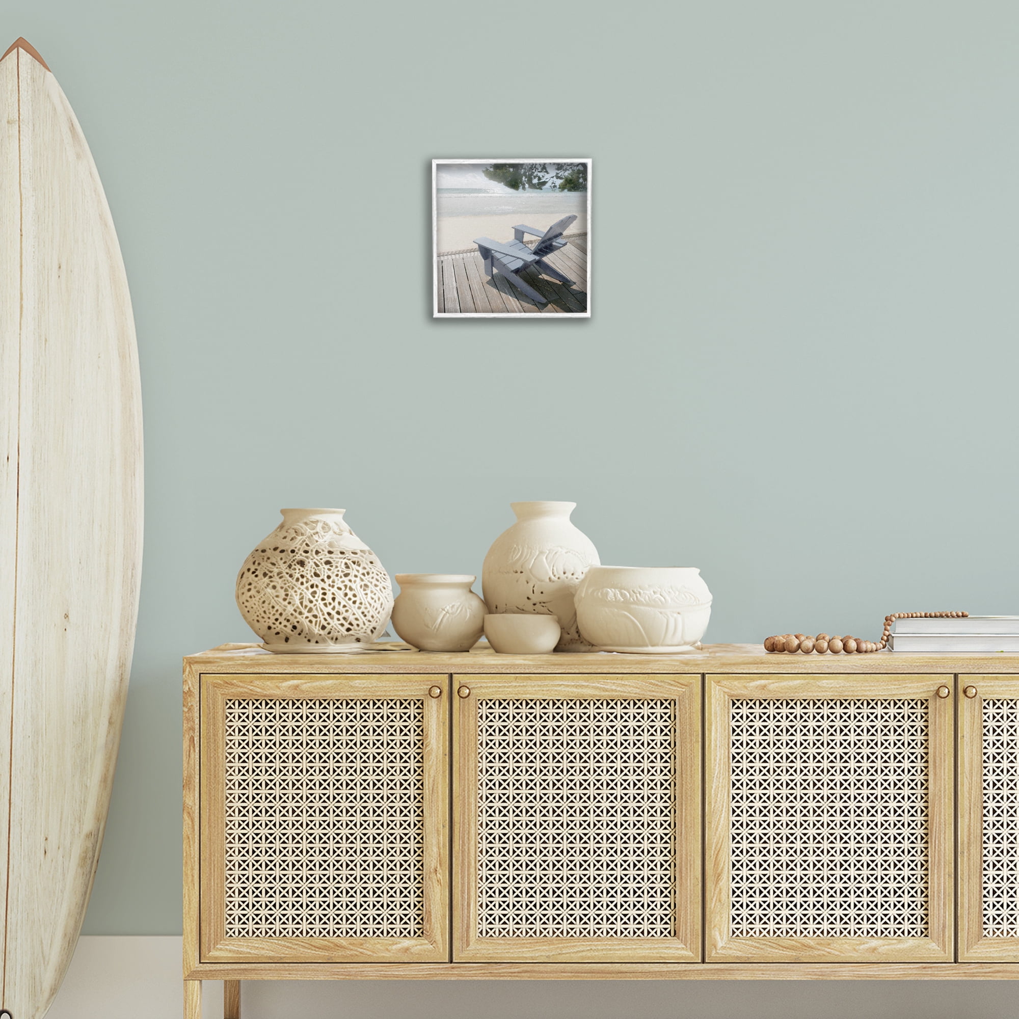 Stupell Industries Greek Chair Beach Landscape Landscape Painting White Framed Art Print Wall Art, 12 x 12