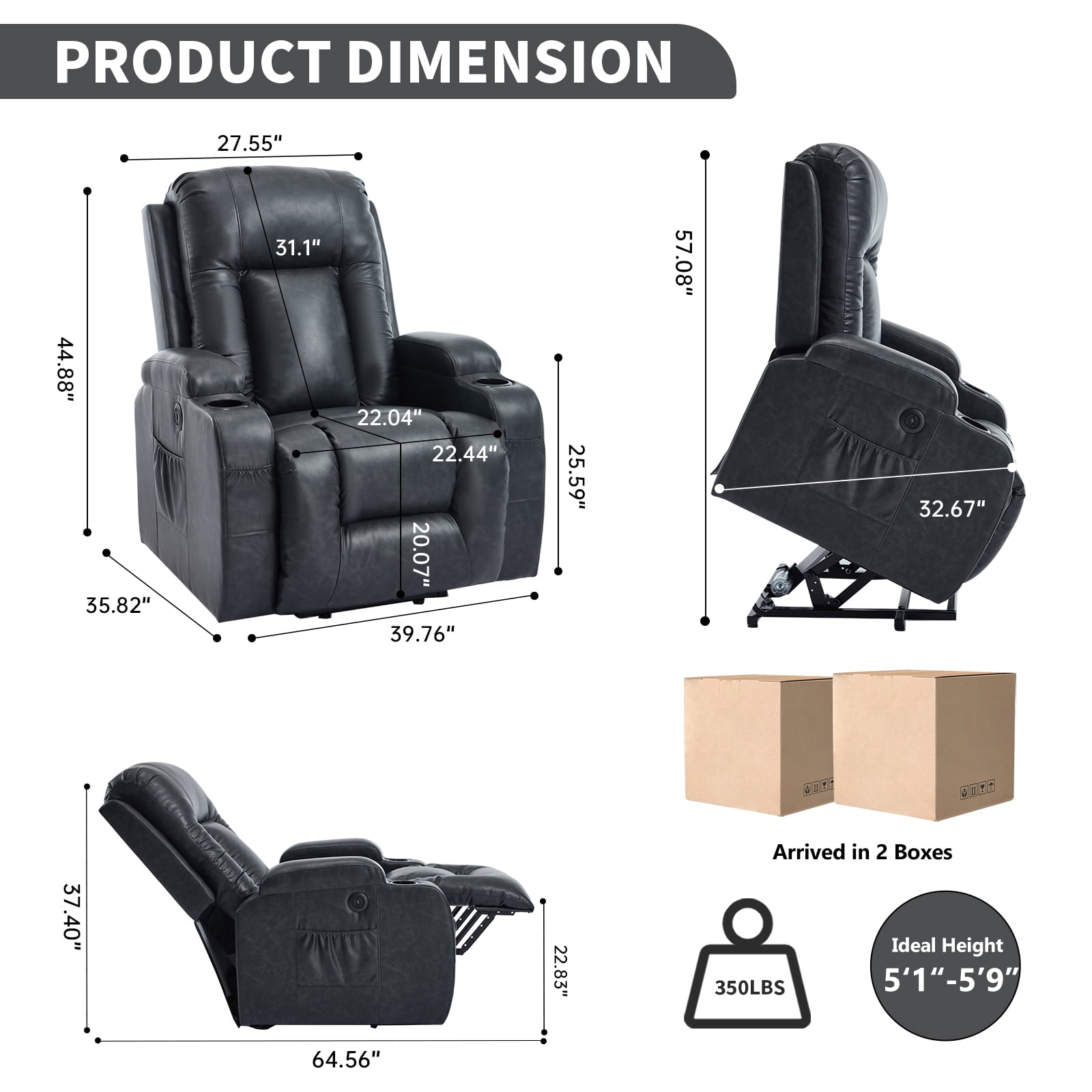 Power Lift Recliner Chair with Massage and Heat,Faux Leather Soft Chair with USB Charging&Cup Holders, Infinite Position Reclining,Heavy Duty 350 LBS Capacity