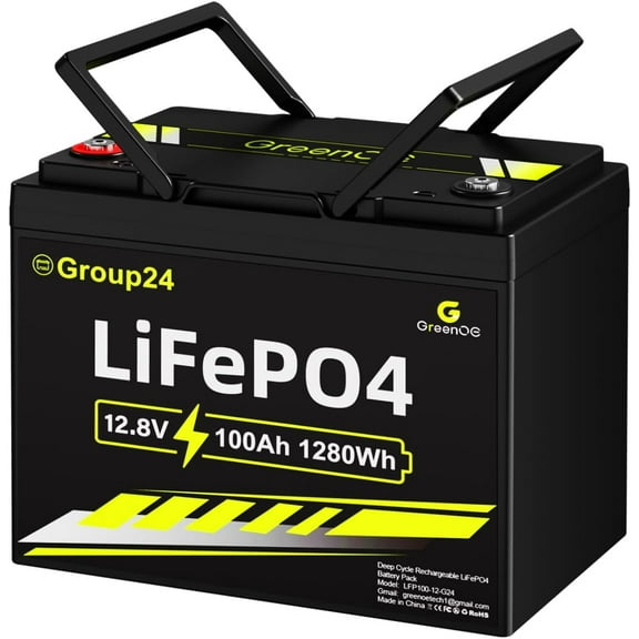GreenOE 12V 100Ah BCI Group 24 LiFePO4 Battery with Built-in 100A BMS, 15000 Deep Cycles for Solar System, Camping, Home Backup, Trolling Motor