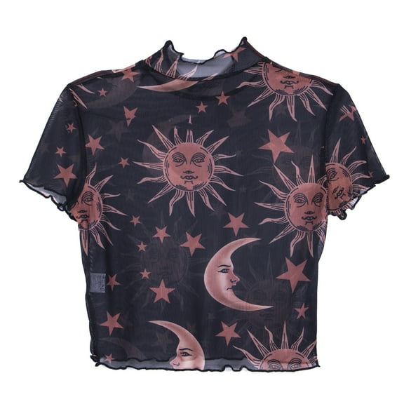 Lnzyyephy Women' s See-through Tee Tops Transparent Moon Star Print Short Sleeve Ruffle Casual T-shirt