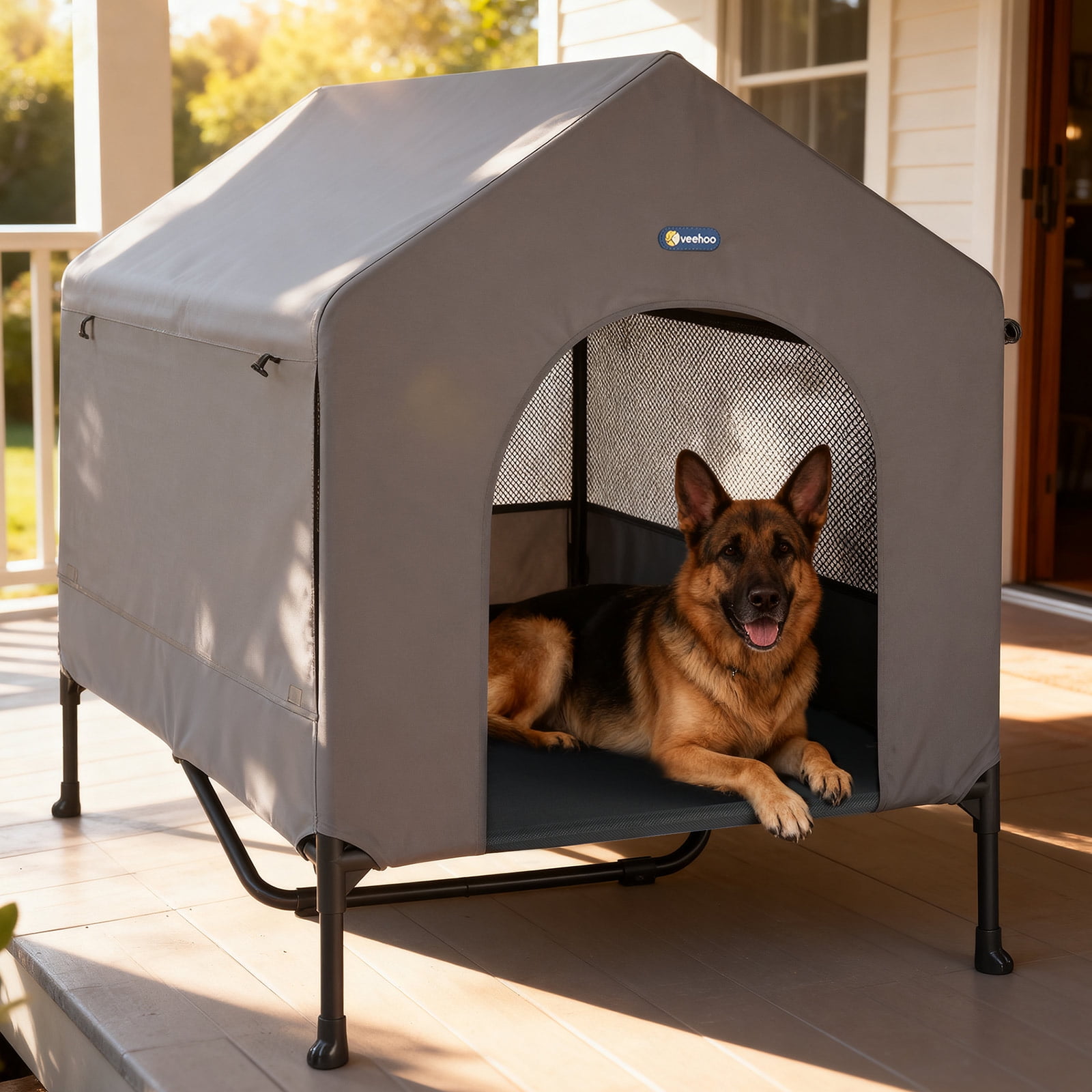 Veehoo 47" Dog House, Elevated Dog Bed with Three-Sided Breathable Mesh Windows and Sunshades