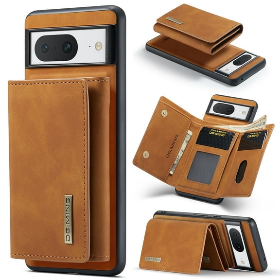 Back Wallet Case for Google Pixel 8, Detachable Card Slots Holder Kickstand Magnetic Closure Cover with Premium PU Leather Soft Silicone Shockproof Drop Resistant Protective Case,Brown