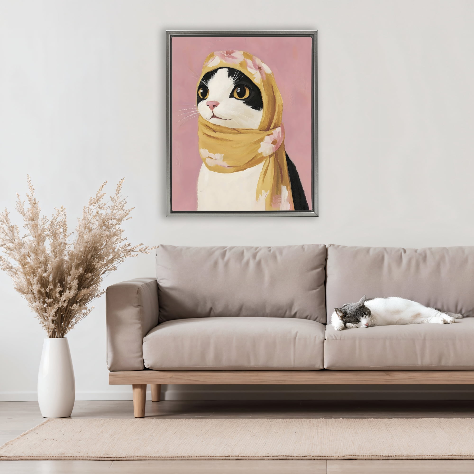 Stupell Industries Cat Babushka in Yellow Scarf Gray Framed Floater Canvas Wall Art, design by The Prints Vibe