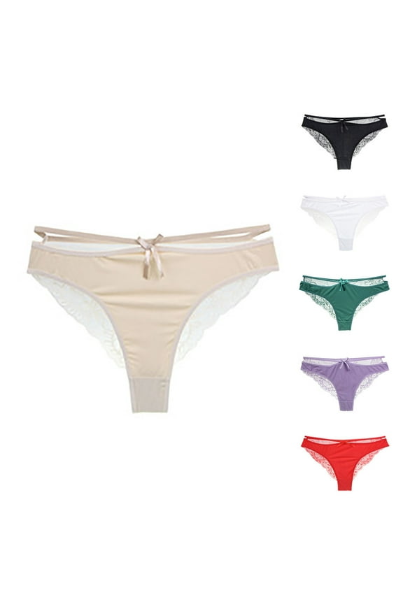 Womens Underwear Plus Size Panties, Lace Thongs for Women No Show Panties, Women's Satin Lace Underwear Breathable Bow Knot Hollow Low Waist Pants XL