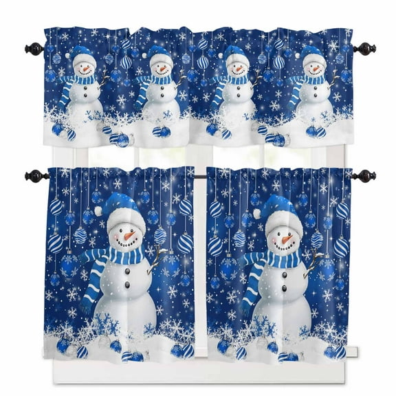Christmas Blue Snowman Kitchen Curtains and Valances Set, Xmas Balls Snowflake Rod Pocket Window Valance 18 Inch Window Curtain Panels for Living Room Bedroom Laundry, 27.5x24in, 3 Pieces