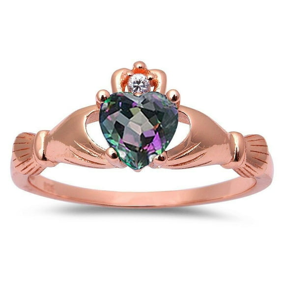 Rose Gold-Tone Sterling Silver Rainbow & Clear CZ Claddagh Ring Size 10