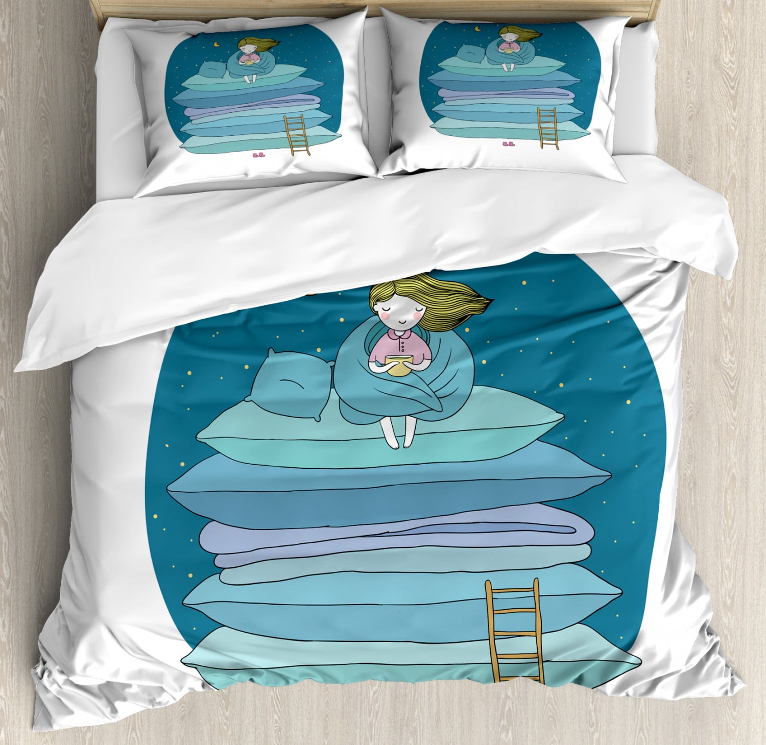 Kids Queen Size Duvet Cover Set Little Girl Sitting On The Top Of