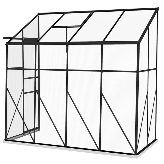 8x4 Walk-in Polycarbonate Lean-to Greenhouse with Rain Gutter and Foundation Black Aluminum Frame