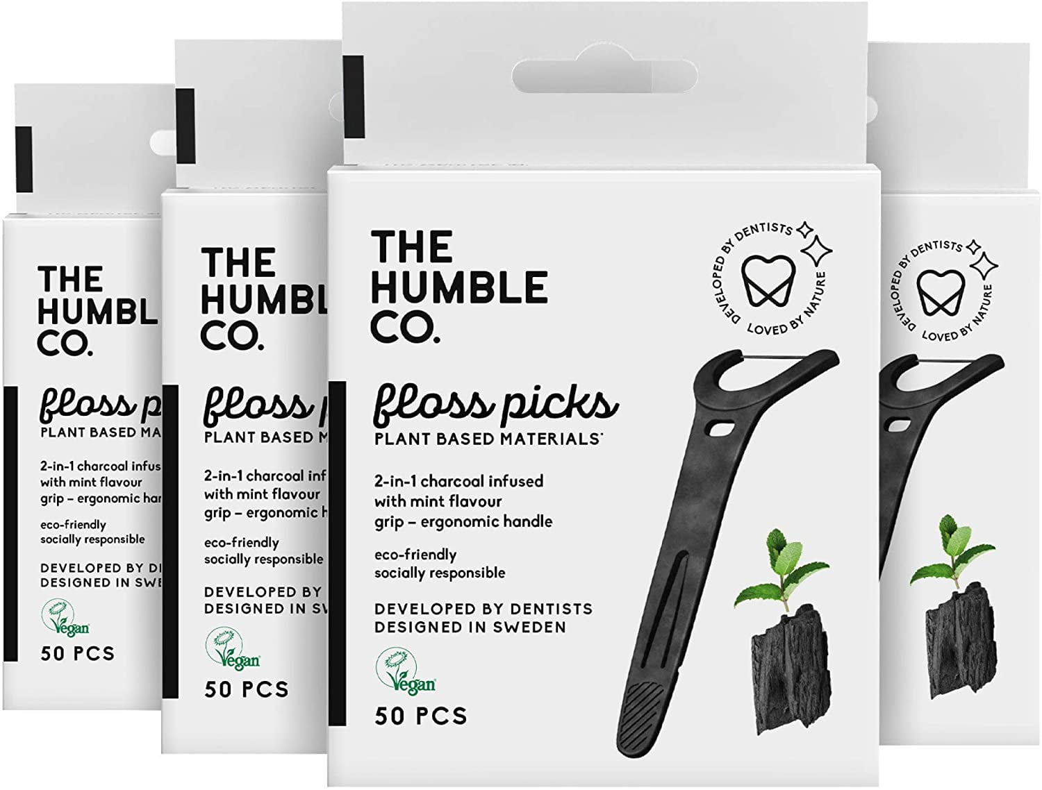 The Humble Co. Natural Dental Floss Picks, Grip Handle, Charcoal, 200