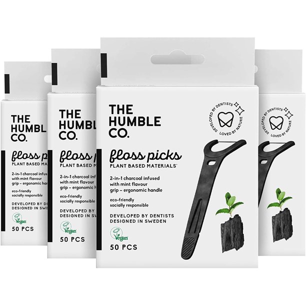 The Humble Co. Natural Dental Floss Picks, Grip Handle, Charcoal, 200