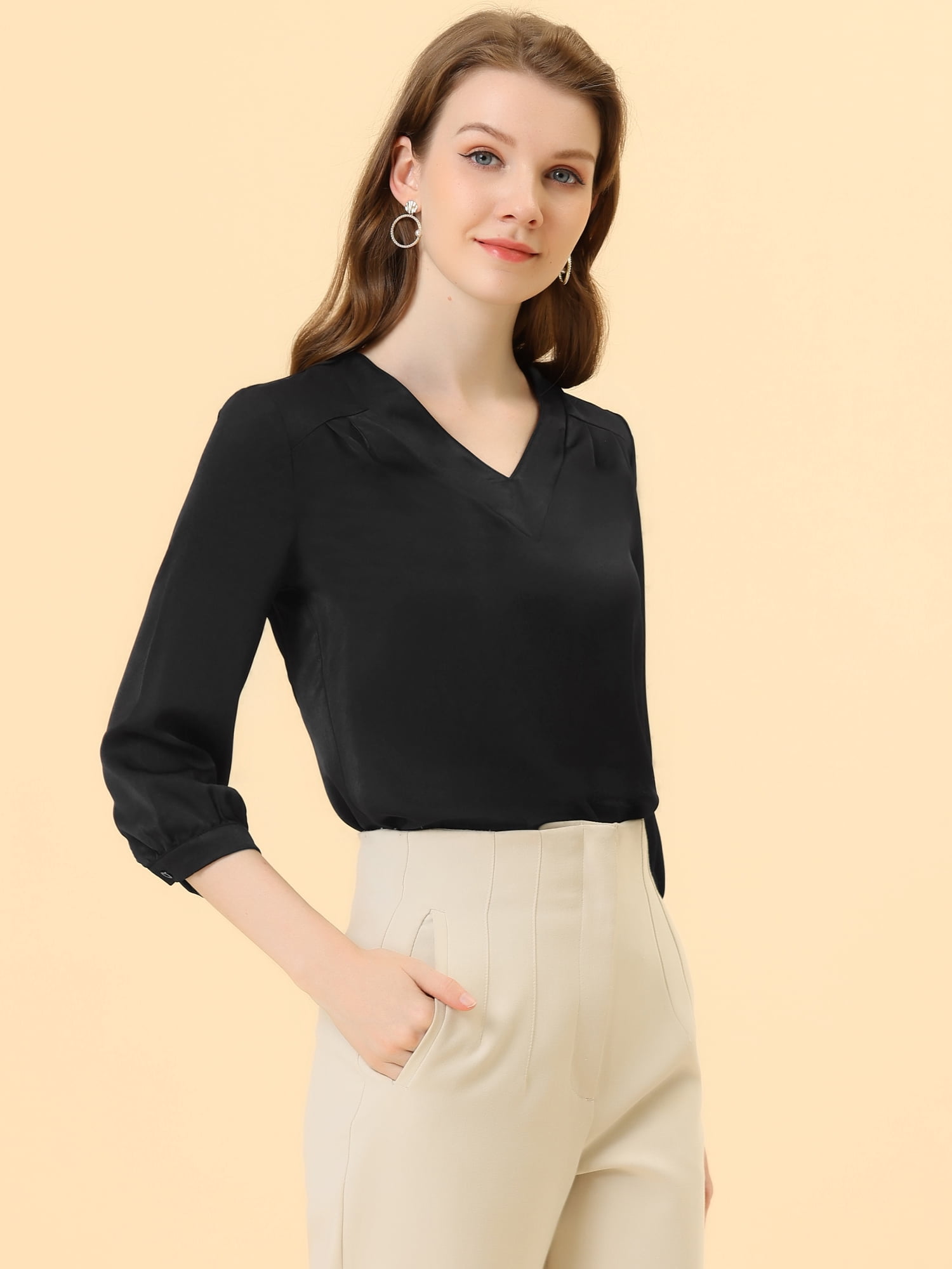 DARING DIVA Women's Satin Blouse Long Sleeve V Neck Top Shirts XL Black