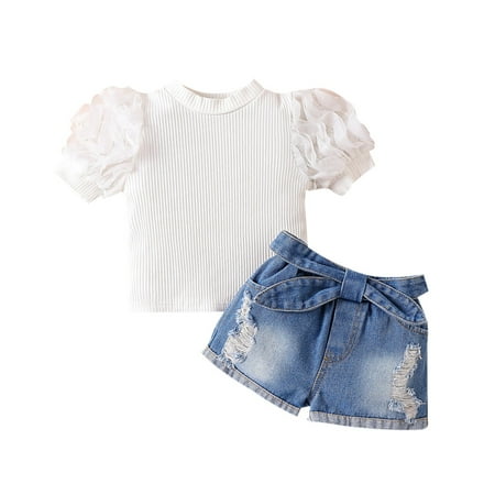 

Summer Girls Set Children Cotton Strip Mesh Bubble Short Sleeve + Ripped Denim Shorts 2PCS Set Outfits Sets Baby Fashion Dailywear Child Clothing