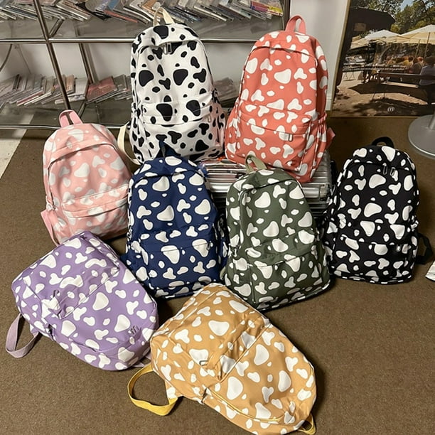 Mochila de estampado de vaca gran capacidad | Mochila escolar de nylon de moda | Blanco, Azul, Amarillo, Púrpura, Naranja | Mochila ligera de viaje | Correas ajustables | 39x29x12cm