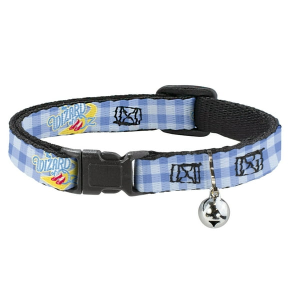 The Wizard of Oz Breakaway Cat Collar With Bell, Plastic Clip, Easy Adjustable, The Wizard of Oz Logo Gingham Checker Blues, 8.5 to 12 Inches 0.5 Inch Wide