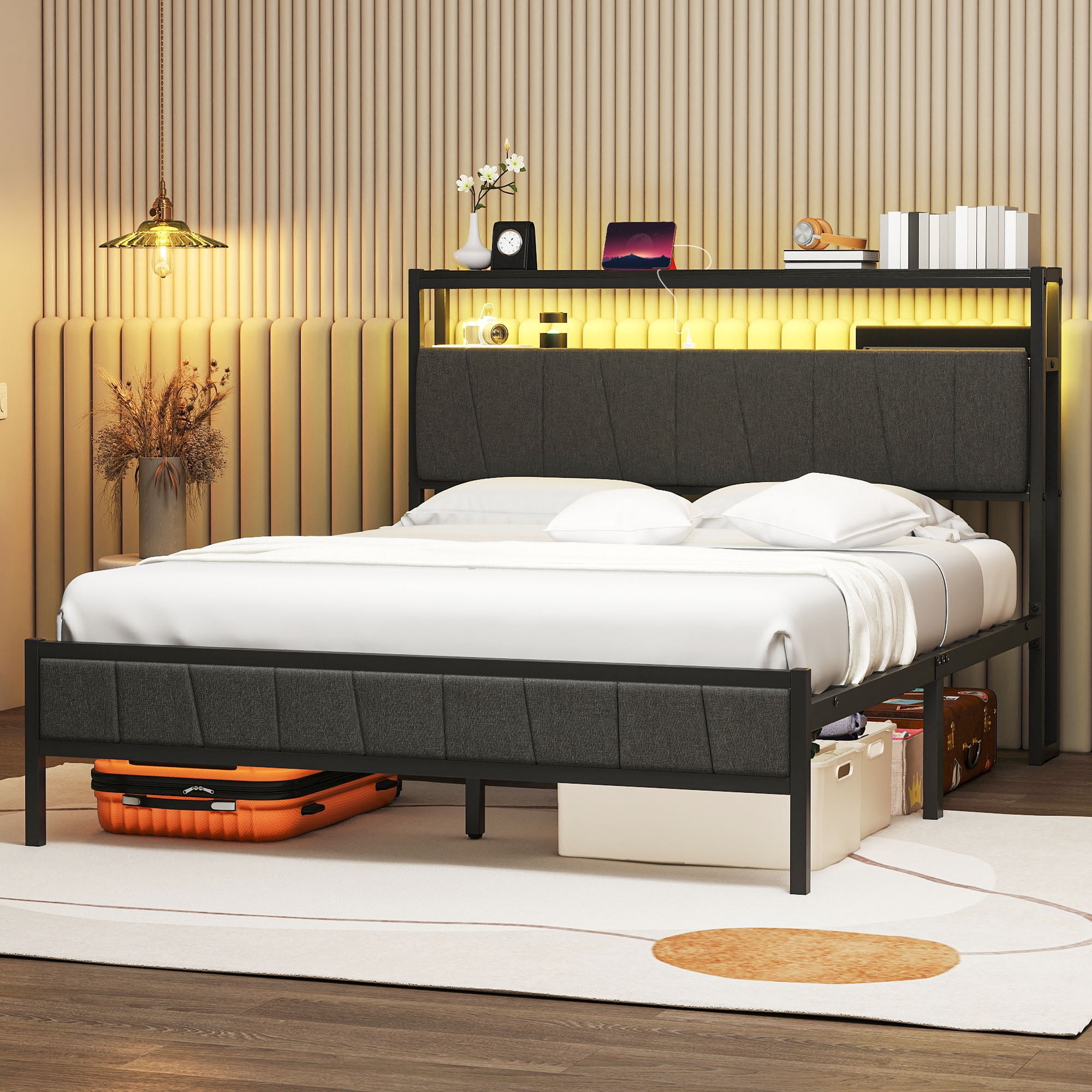 Uforic Queen Bed Frame with LED Lights, Power Hub, and Storage Headboard, No Box Spring Needed, Gray
