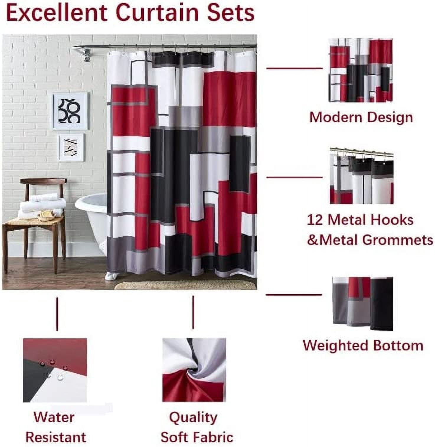 Modern Geometric Shower Curtain Red,RED and Black White Waterproof Shower Curtain Set for Bathroom Restroom with 12 Metal Hooks, 72 x 84 inch