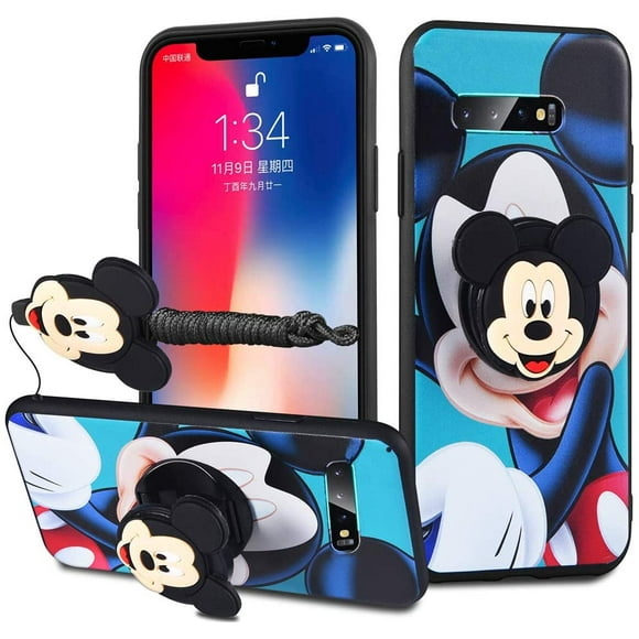 Galaxy S8 Case - Minnie Mickey Mouse Cartoon Case Soft Silicone TPU Shockproof Case with Phone Holder Stand and Detachable Long Lanyard for Girls Boys (Blue, S8)