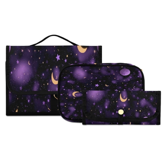 Iauyy 3 Piece Large Portable Hanging Toiletry Bags for Travel,Foldable Makeup Organizer with Multiple Compartments for Men&Women,Deep Purple Star