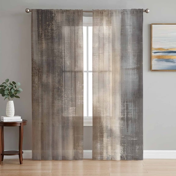 Sheer Curtains 108 Inches Long, Brown Ombre Light Filtering Window Curtains for Living Room/Bedroom, Modern Abstract Art Oil Painting Rod Pocket Voile Sheer Curtain Drapes, 52"W x 108"L, 2 Panels