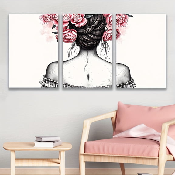 3pcs Frameless Canvas Wall Art - Floral Woman Silhouette with Pink Roses, Spray-Painted Vertical Art Deco Decor for Living Room, Office, Kitchen, Bar - Unique Birthday & Holiday Gift Idea, Office Ar