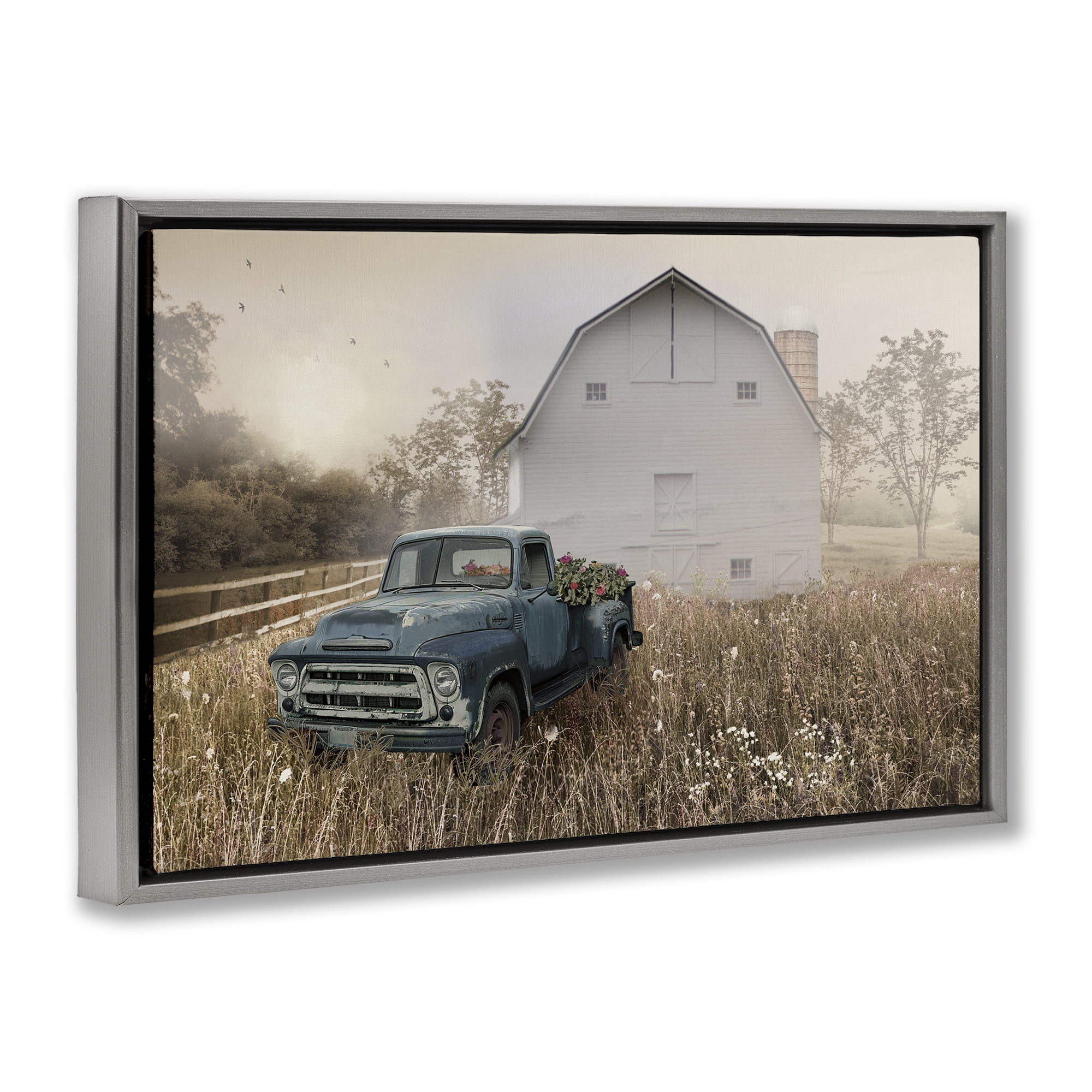 Stupell Industries Vintage Pickup in Wildflowers Gray Framed Floater Canvas Wall Art, design by Nan