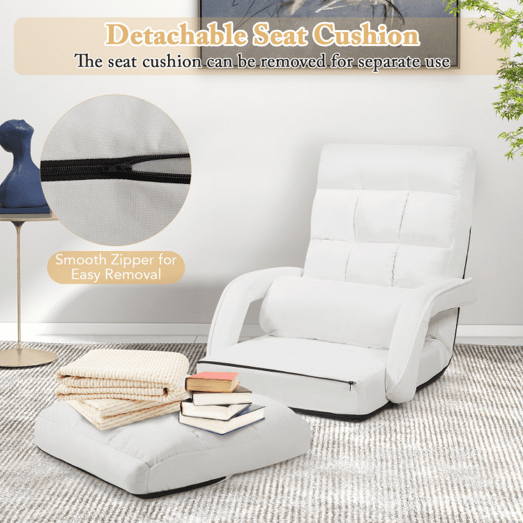 Barara King Folding Lazy Floor Chair with Armrests and Pillow, Recliner Chair Sofa with Adjustable Feature, Single Recliner for Bedroom, Living Room, Home Office, White