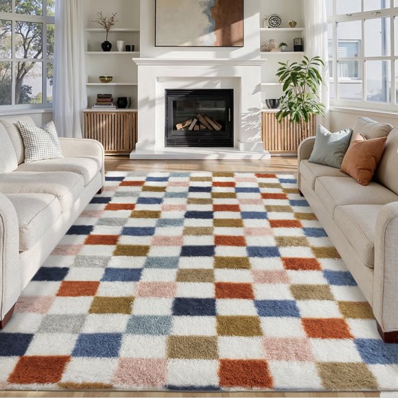 BERTHMEER Tapis Shag 6'x9' pour Salon Chambre Salle à Manger Moelleux à Carreaux Doux Moderne Géométrique Peluche à Poils Colorés Lavables Tapis Carpettes, Multicolore