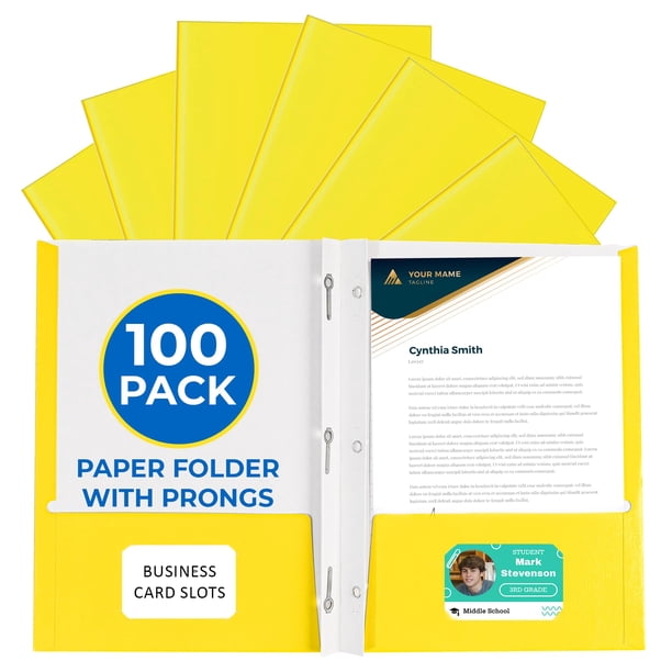 Carpetas de papel EPI, paquete de 100, amarillas, de 2 bolsillos con broches