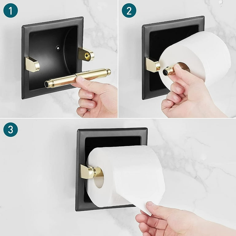 Recessed Toilet Paper Holder Matte Black and Gold Bathroom Mega Tissue Hold in Wall Mounted Mix Color Style Jumbo Roll Holder Pivoting Stainless Steel