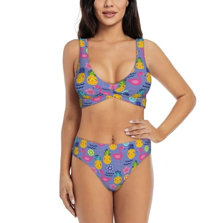 Bathing Suit For Women  Cute Pineapple Flamingo Lemon High Waisted Bikini Set Bathing Suit Cross Lace Up Swimsuit