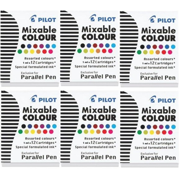 6 BOXES: Pilot Parallel Pen Ink Refills for Calligraphy Pens, Assorted Colors, 12 Cartridges per Pack (77312)