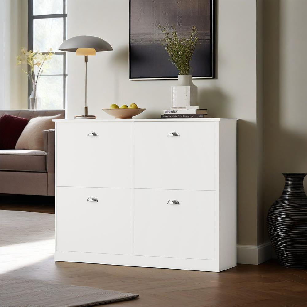 Slim Shoe Cabinet with 4 Flip Drawers – Narrow Entryway Shoe Storage Rack, Hidden Space-Saving Shoe Organizer for Hallway, Foyer, Bedroom – Adjustable Shelves, Anti-Tip Design, White Wood Finish