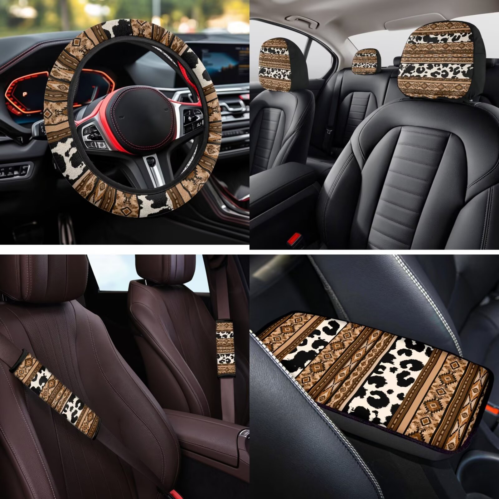 HUIACONG Aztec Cow Print Seat Covers for Cars Full Set with Steering Wheel Cover Armrest Cover Seat Belt Pads Headrest Cover Coasters Keychain 14 Pcs Southwestern Car Accessories Interior