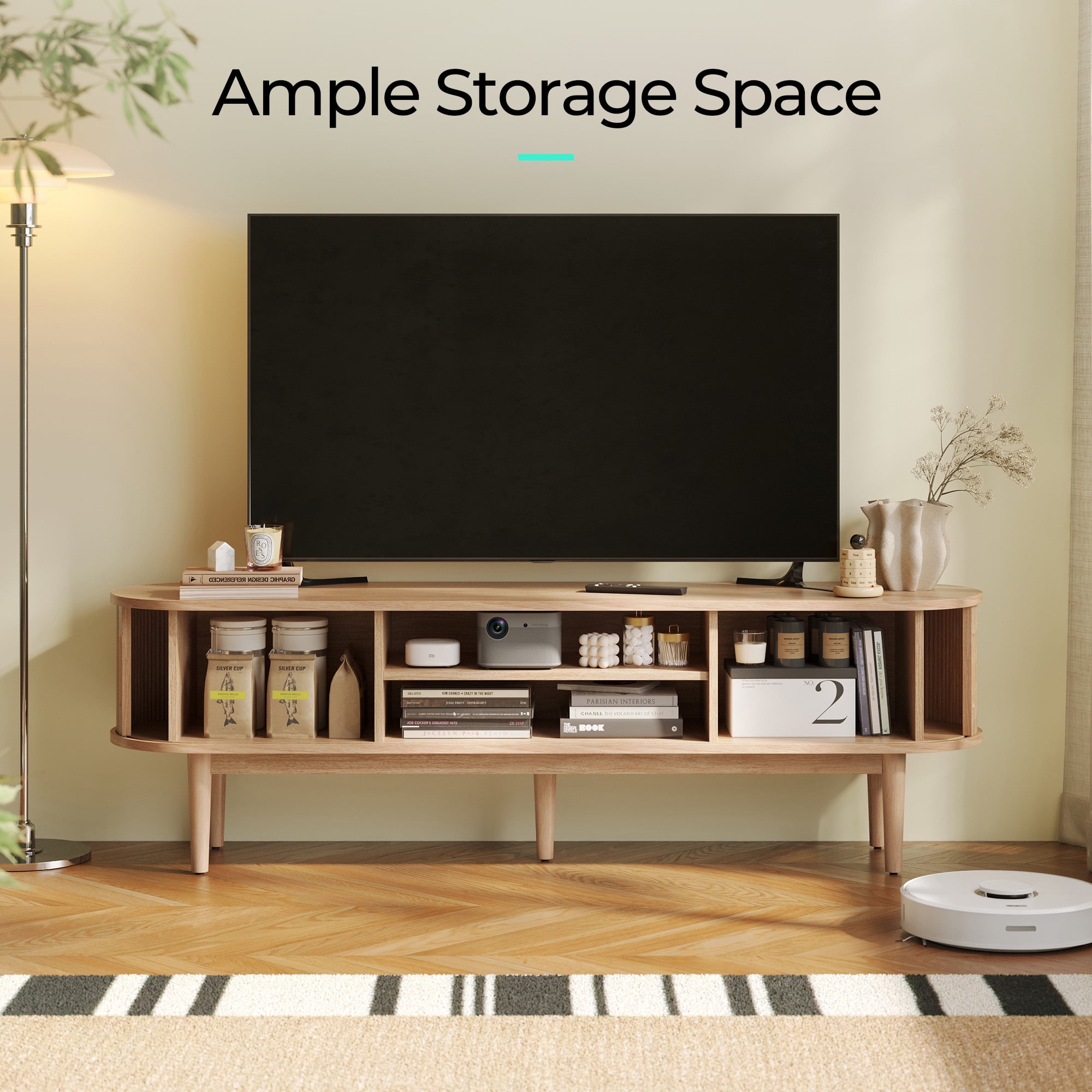 LINSY HOME Fluted TV Stand for TVs up to 75", Mid-Century Home Entertainment Center with Sliding Tambour Door and Adjustable Shelves, Oak