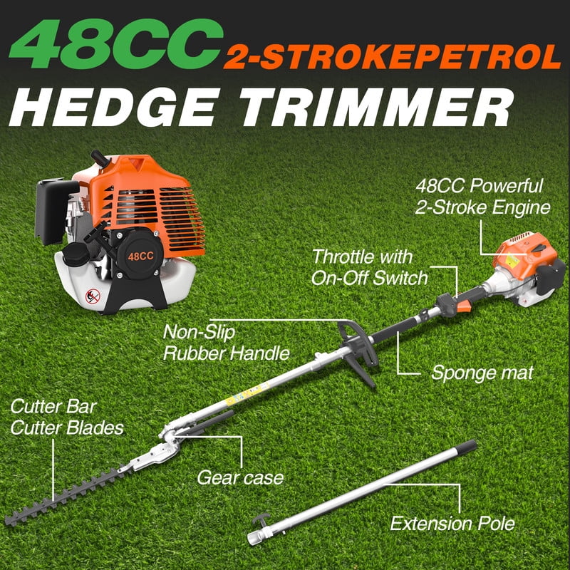 48cc 2-Stroke Gasoline-Powered Hedge Trimmer, a multi-functional garden care tool with a trimming head, suitable for tree trimming, branch trimming, and lawn mowing. Ideal for gardens and farms.