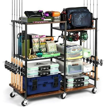 Fishing Rod Holders for Garage Fishing Pole Rack Containers Included up to 10 Rods Fishing Reel Storage Fishing Rod Rack Rotating Cart Fishing Gear Equipment Organizer$$Sport & Recreation Other