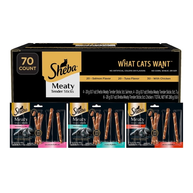 Palitos tiernos y carnosos de Sheba de Cat Treats con pollo, atún y salmón