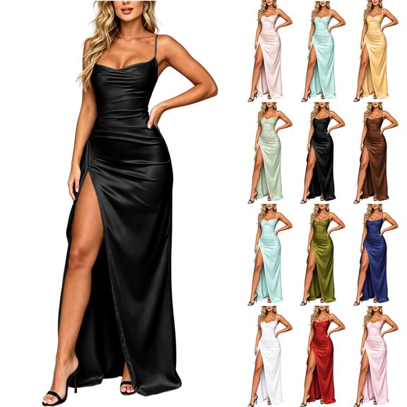 Dvprdro Spaghetti Strap Satin Side Slit Fitted Pencil Maxi Dress for Women Adjustable Straps Solid Summer Night Out