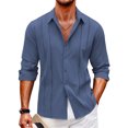 thumbnail image 1 of Camisa hawaiana de manga larga para playa para hombre, camisa monocromática con cuello vuelto y botones, ropa cómoda de tela suave para hombre, 1 of 6