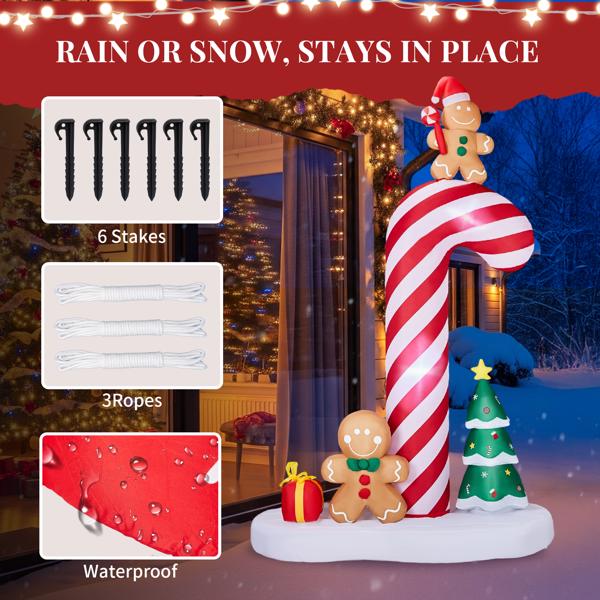 Christmas Inflatable Decoration with 6 LED Lights, Giant Candy Cane & 2 Adorable Gingerbread Men Blow Up Decor for Yard, Garden, Indoor Holiday Display