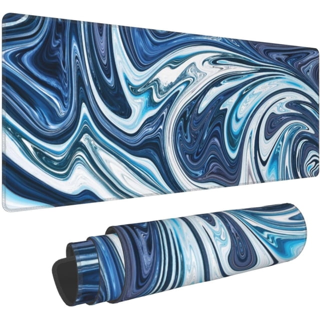 Marble Camo Fluid Large Gaming Mouse Pad Cool Liquid Keyboard Mat, Long Blue & White Gaming Mousepad, NonSlip Base, Abstract Design, Perfect for Home Office Work Desk