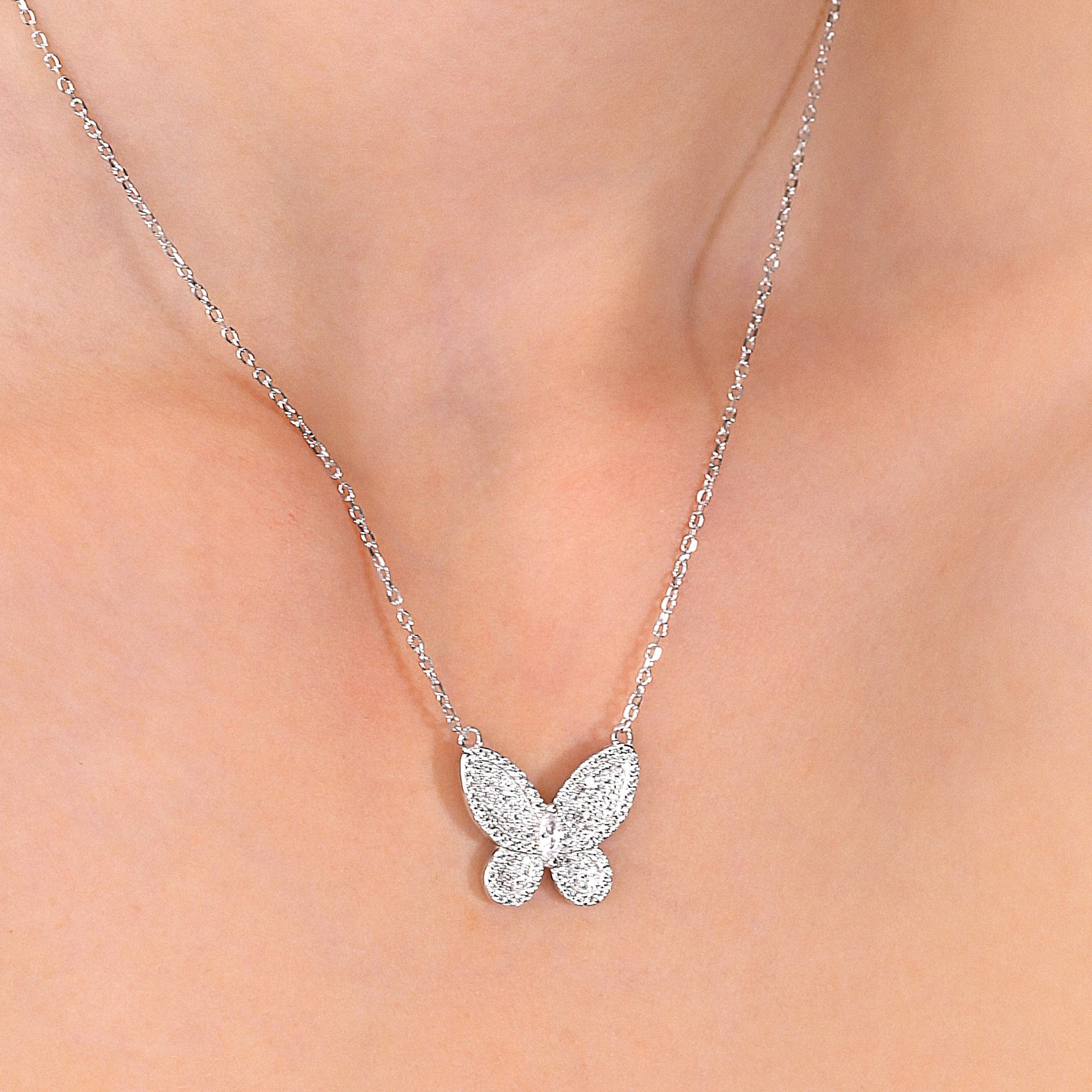 Tilo Jewelry Solid 925 Sterling Silver Pave Butterfly Pendant Necklace with Cubic Zirconia CZ Stones | Women & Unisex | Adjustable 16 Inch to 18 Inch Cable Chain